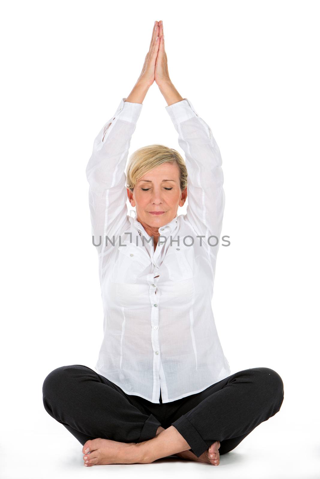 manager woman doing yoga at white background by Flareimage