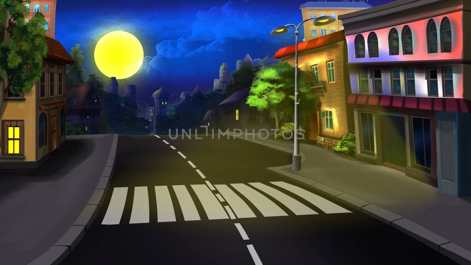 Digital painting of the city street at night.