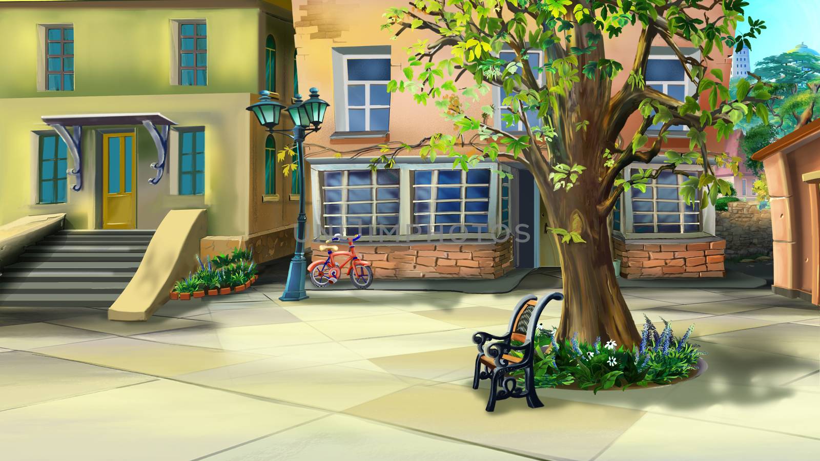 Digital painting of the Courtyard with lonely Tree and Bench. Back  View