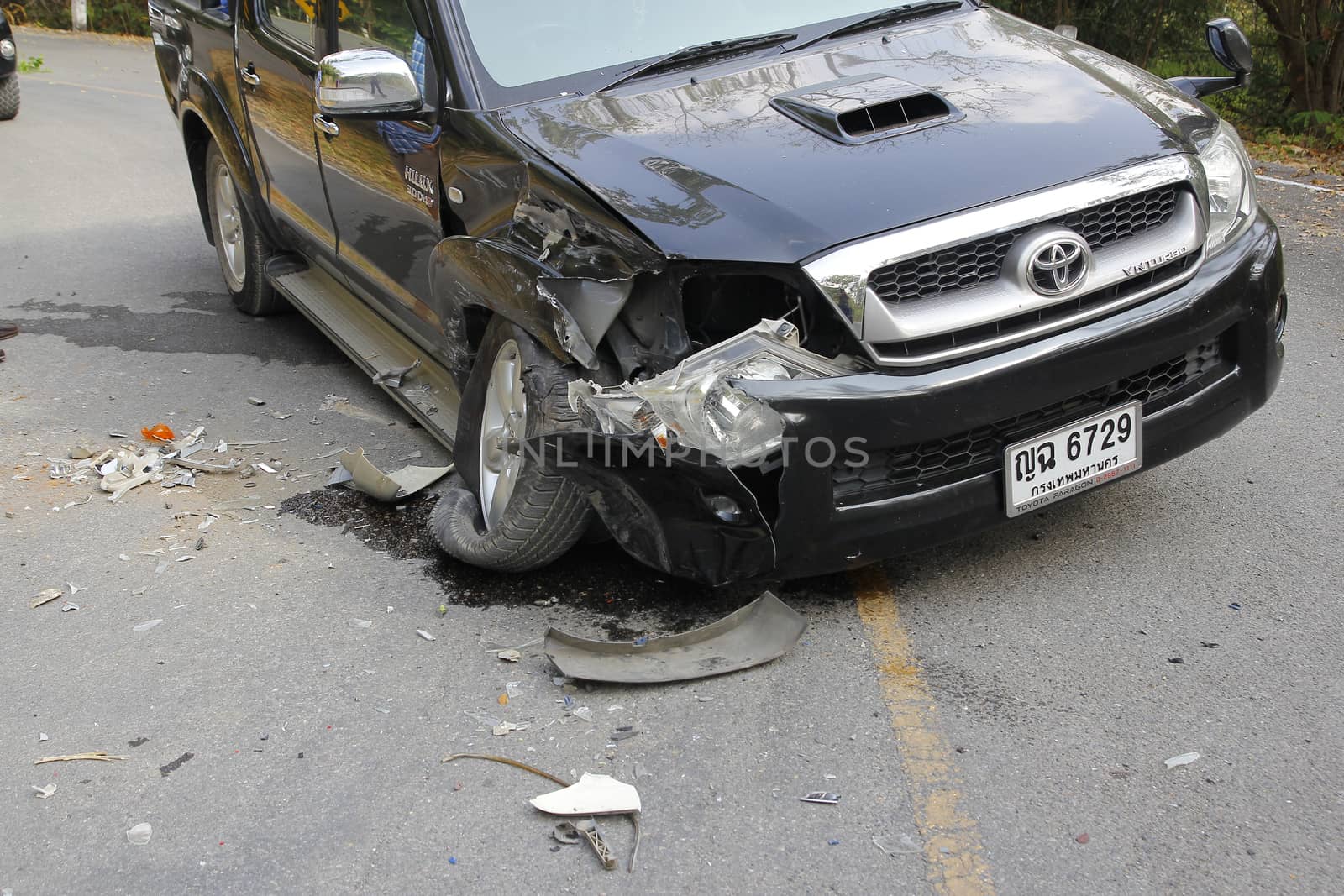 pickup accident on road,car accident in national park ,Thailand on 1 January 2015