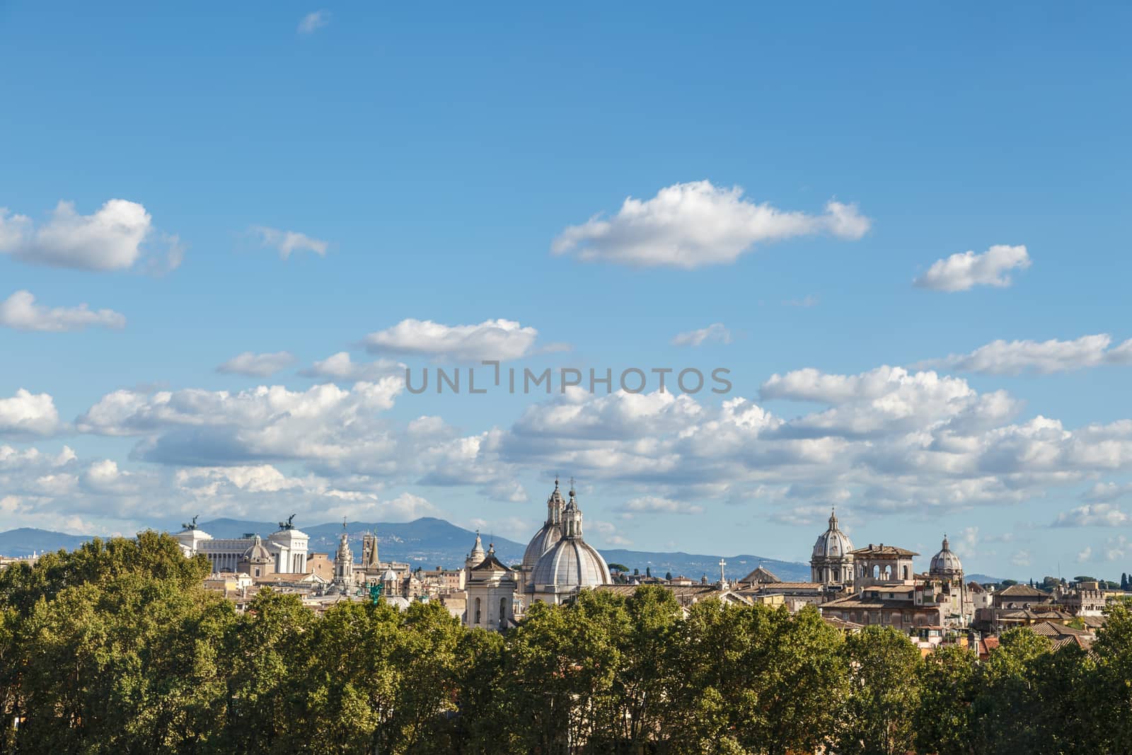 Top view of historical city of Rome with domes, on cloudy blue sky background.