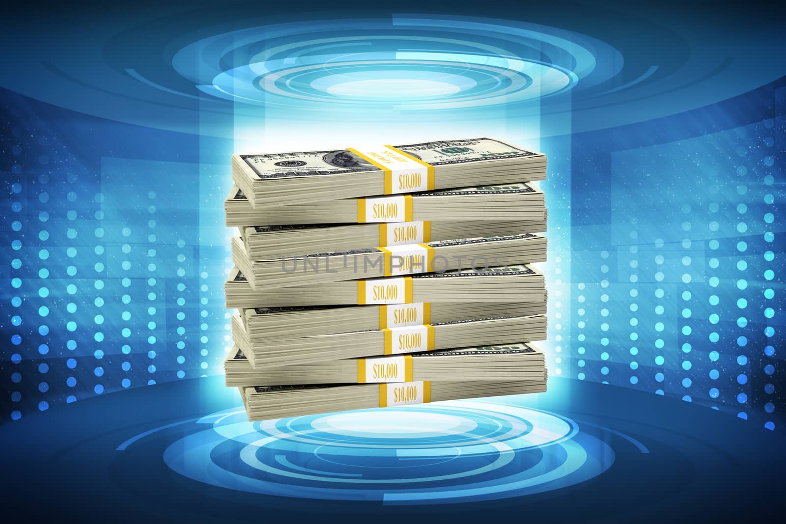 Stack of money on abstract blue background, money concept