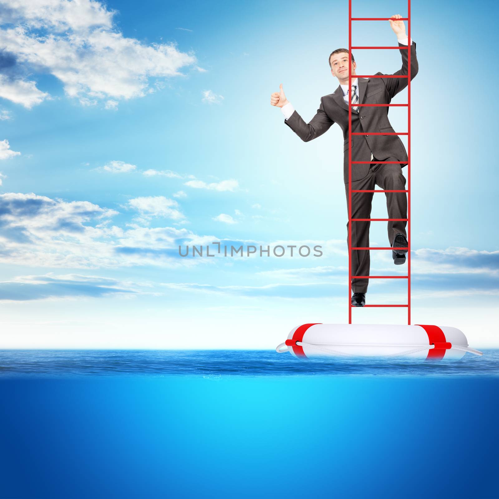 Buisnessman on climbing stairs from lifebuoy, rescue concept