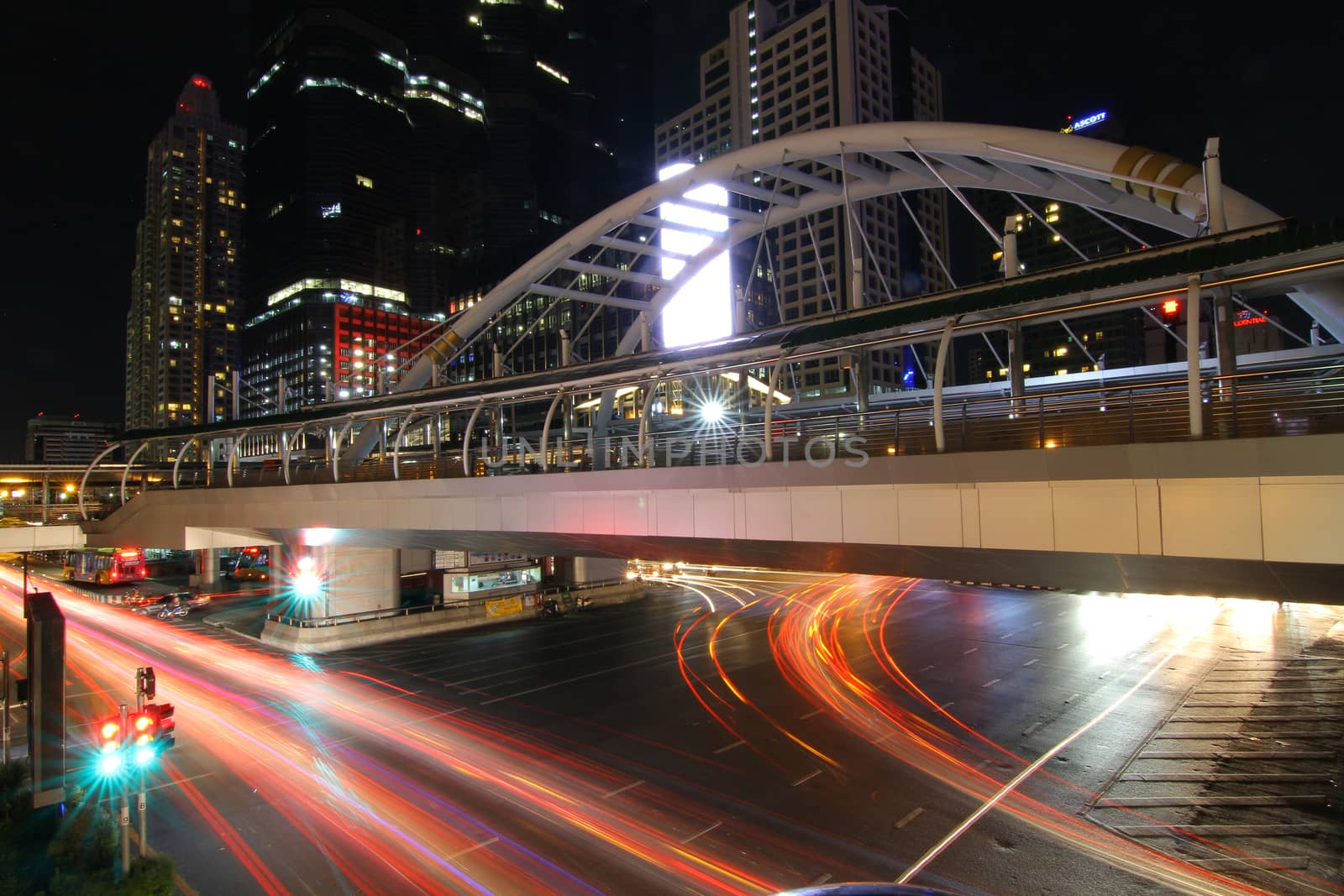 BANGKOK, THAILAND -JUNE 8, 2015 : Night light at Chong Nonsi skywalk for transit between sky train on JUNE 8, 2015 in Bangkok , Thailand.