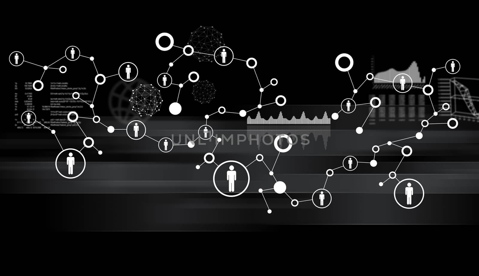 Abstract grey background with computer icons and graphs, connection concept