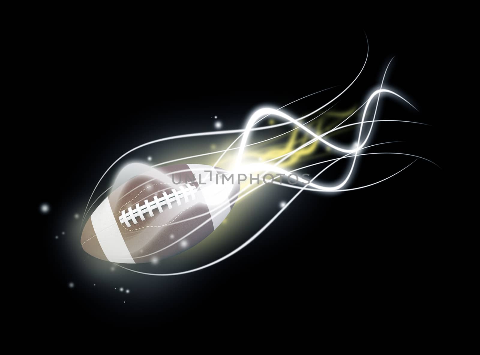 Flying rugby ball with energy light on black background