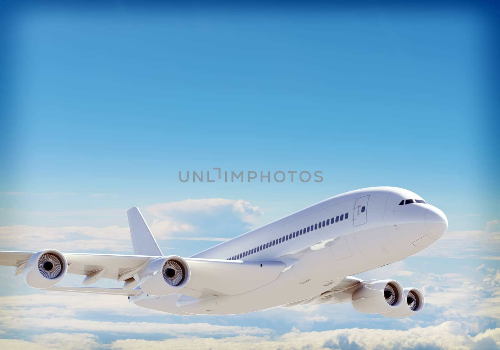 Passenger jet plane flies above the clouds by cherezoff