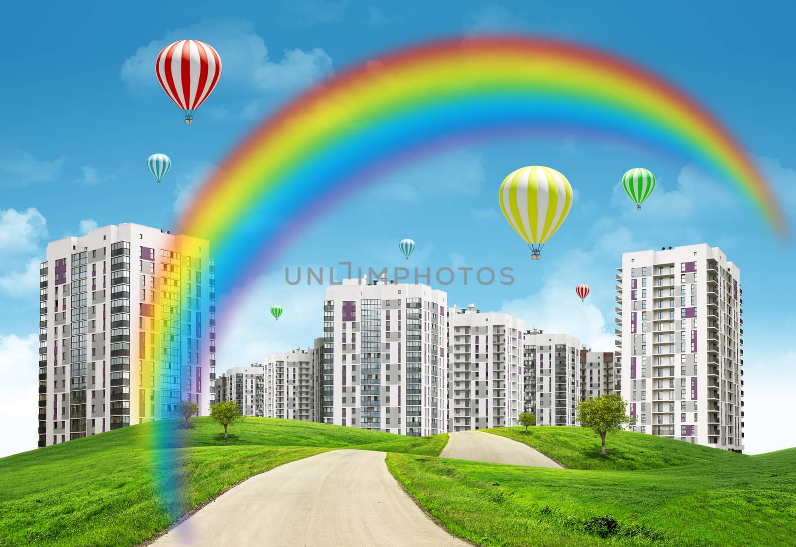 City on field with road and rainbow, nature concept
