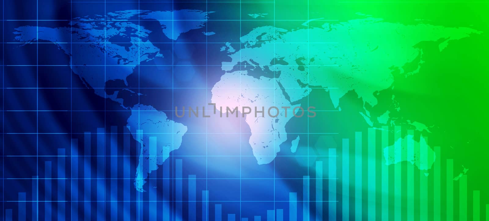 World map with spotlights on blue and green background