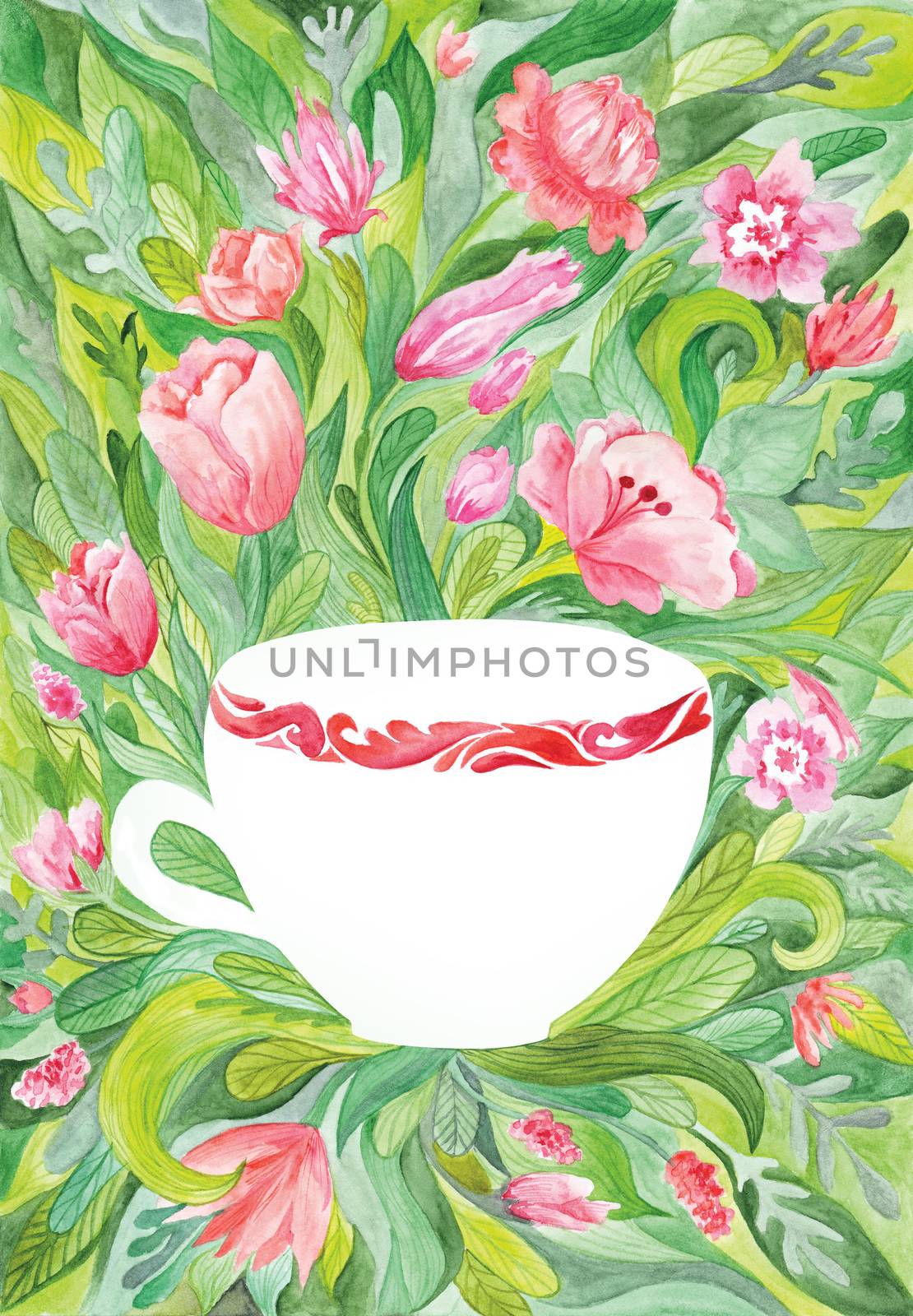 Creative botanical painting with red flowers, green leaves and white cup 