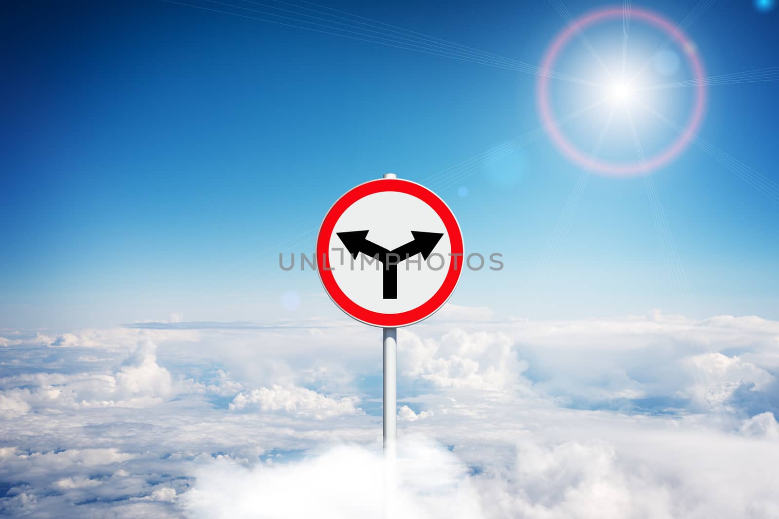 Road sign on clouds in blue sky, rule concept