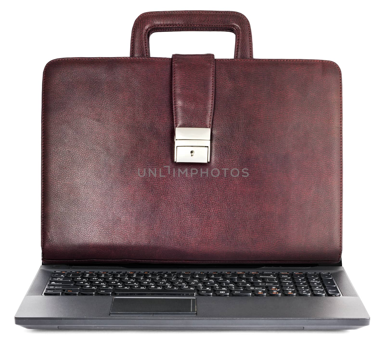 Laptop with brown suitcase instead screen isolated on white background