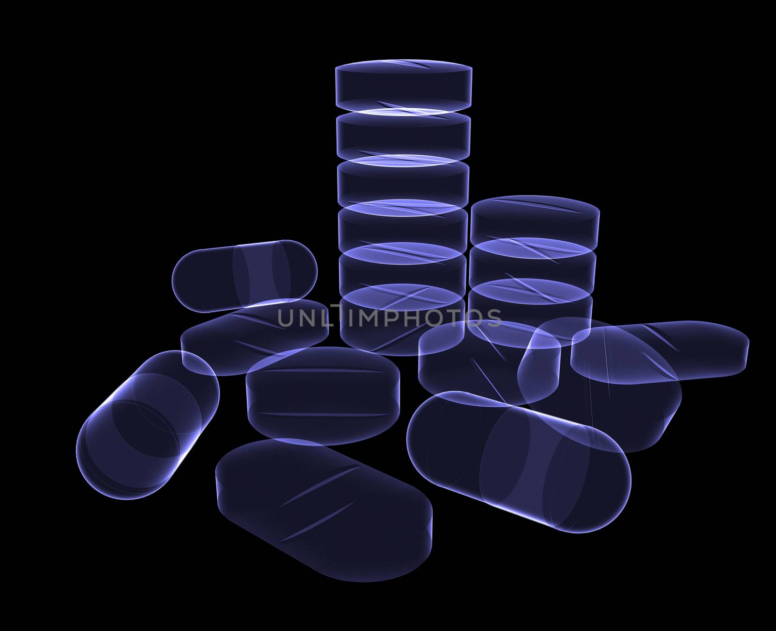 Xray of pills on black background, medicine concept