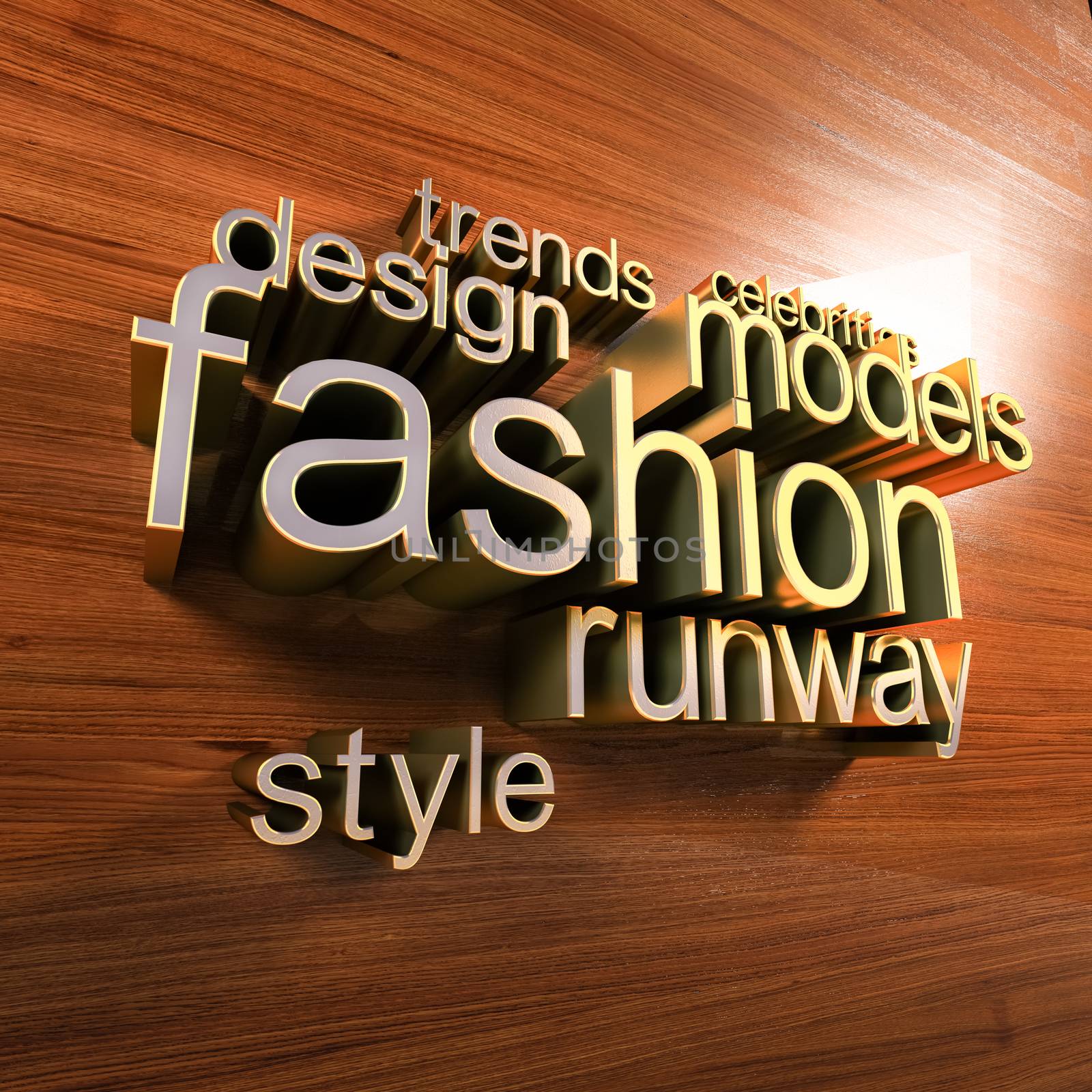 Golden letters forming the fashion words  on a wooden wall. Fashion blog concept word cloud background