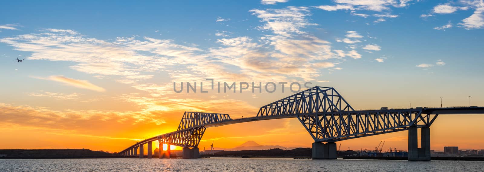 panorama Tokyo landmark , Tokyo Gate Bridge and Mountain Fuji at sunset