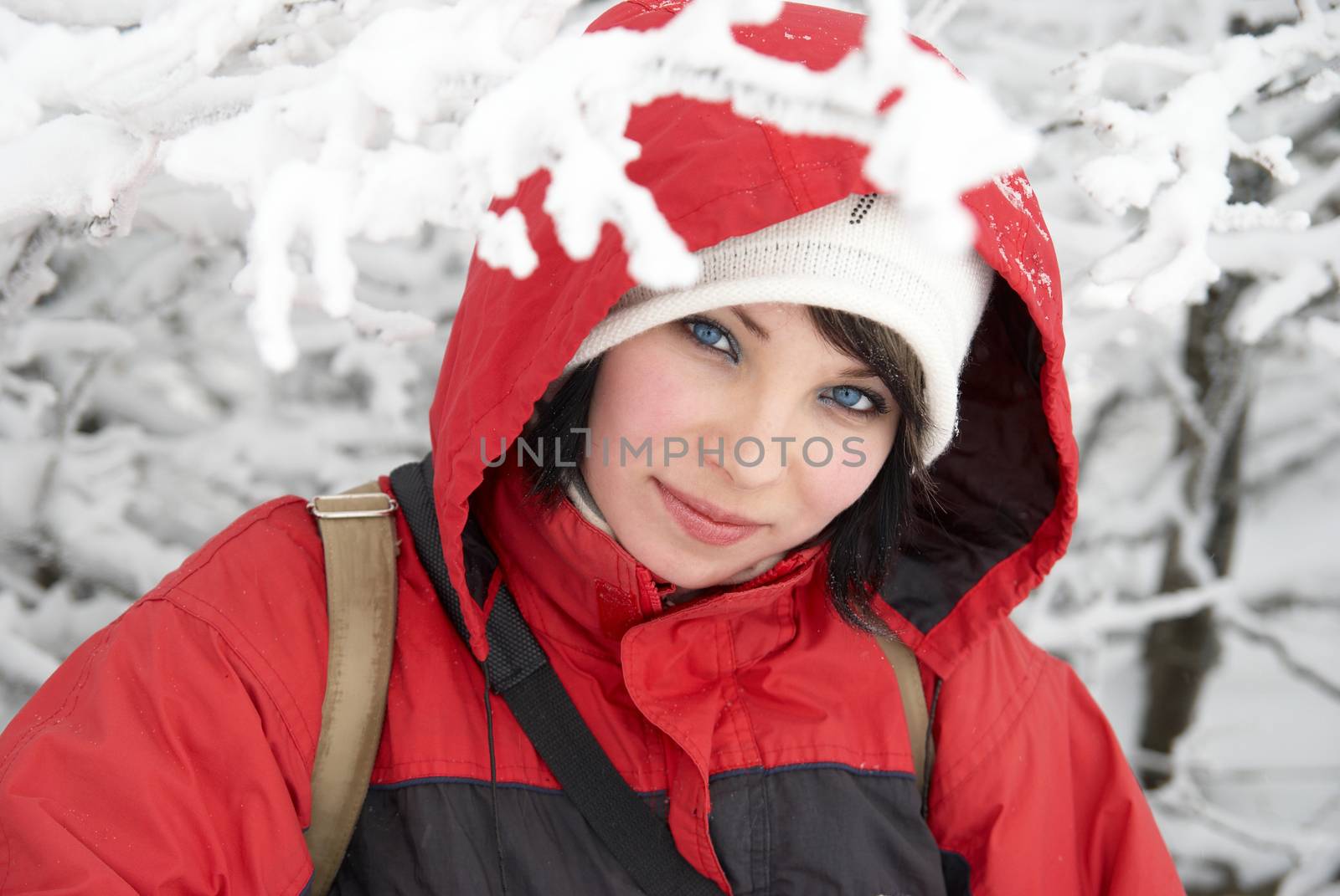 Pretty winter girl in the snow forest