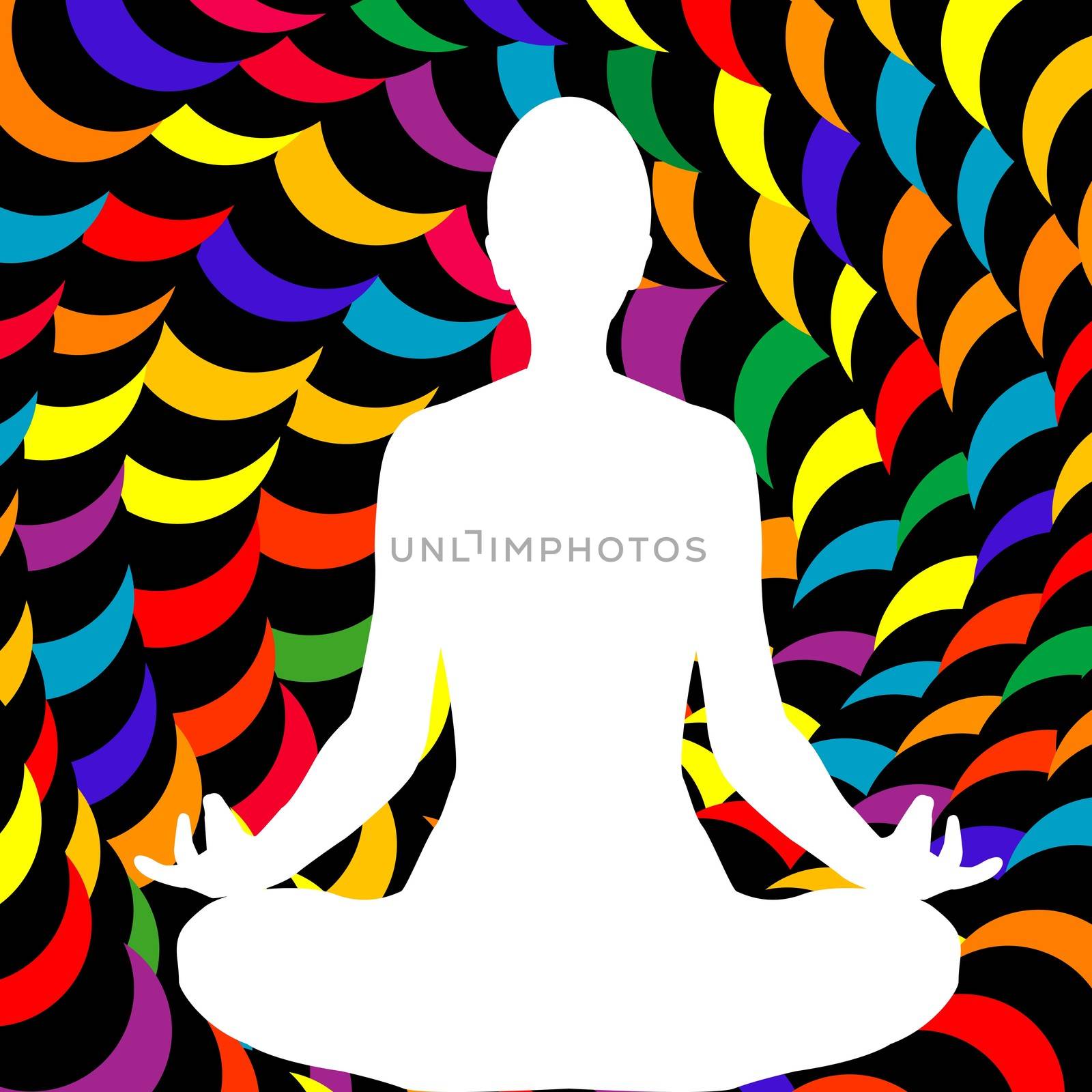 A male lotus position silhouette on abstract spiral background