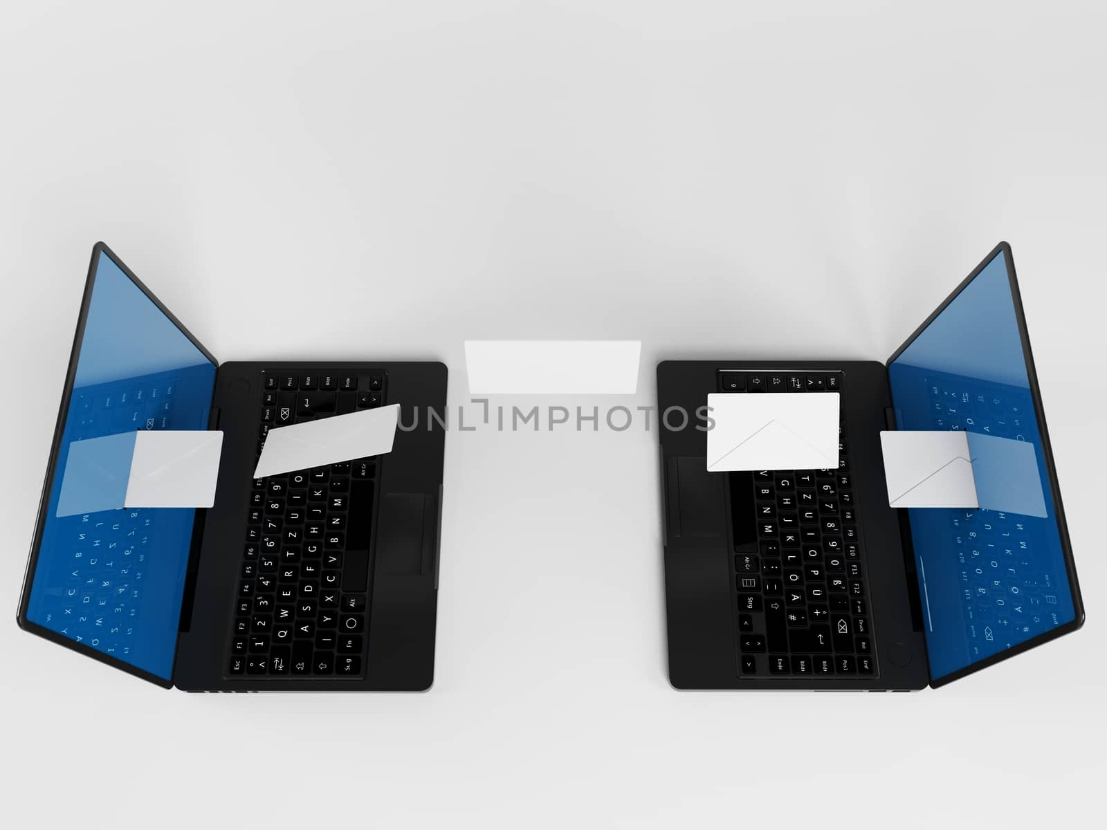 two laptops communicating mails with envelopes in a white 3d stage.