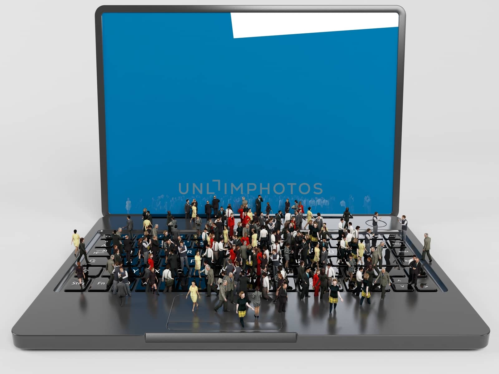 a lot of 3d characters on a laptop inside a white stage