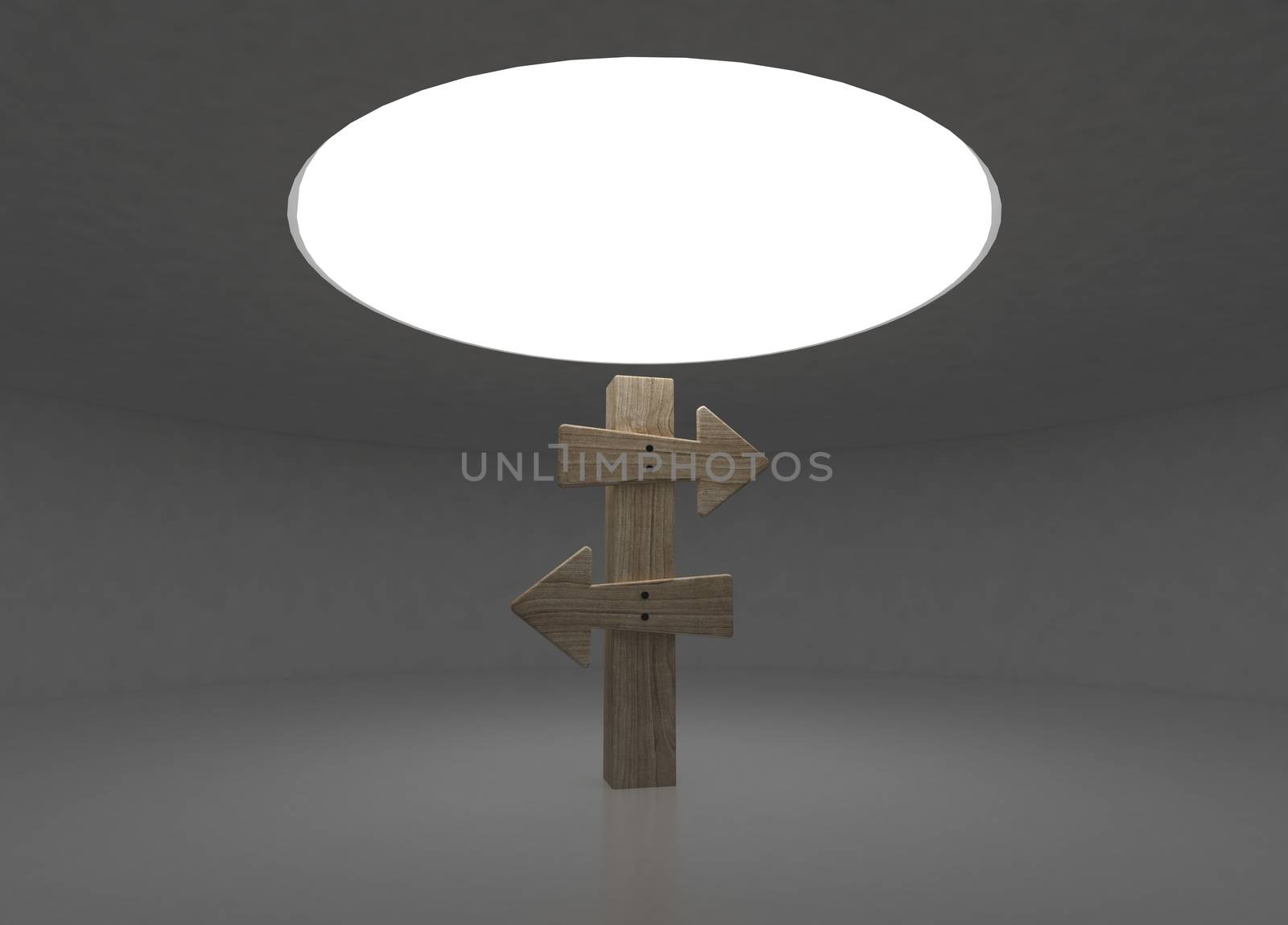 3d white interior inside a cylinder with two ways arrow in the middle.