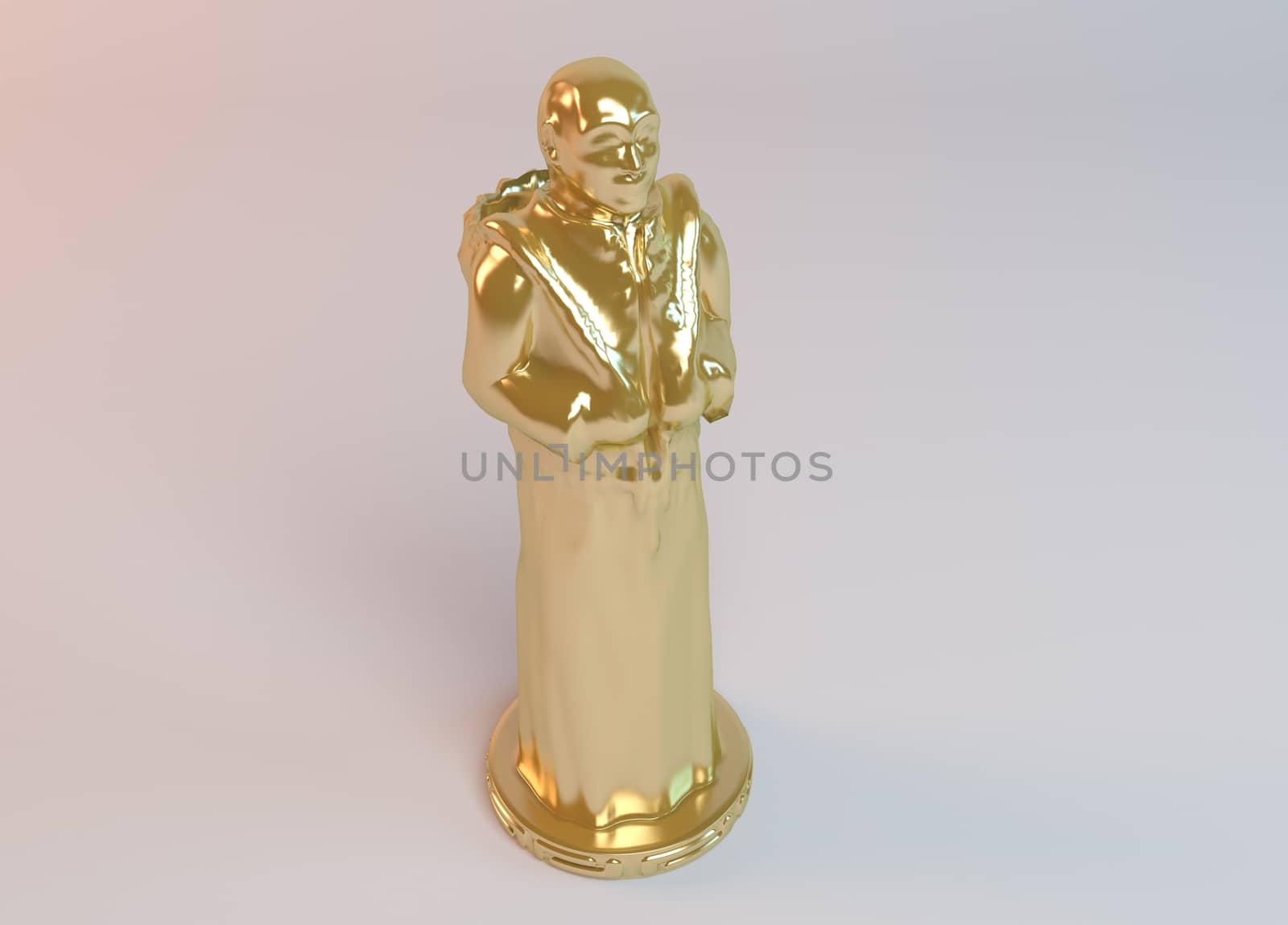 3d golden Asian traveler statue inside a white stage