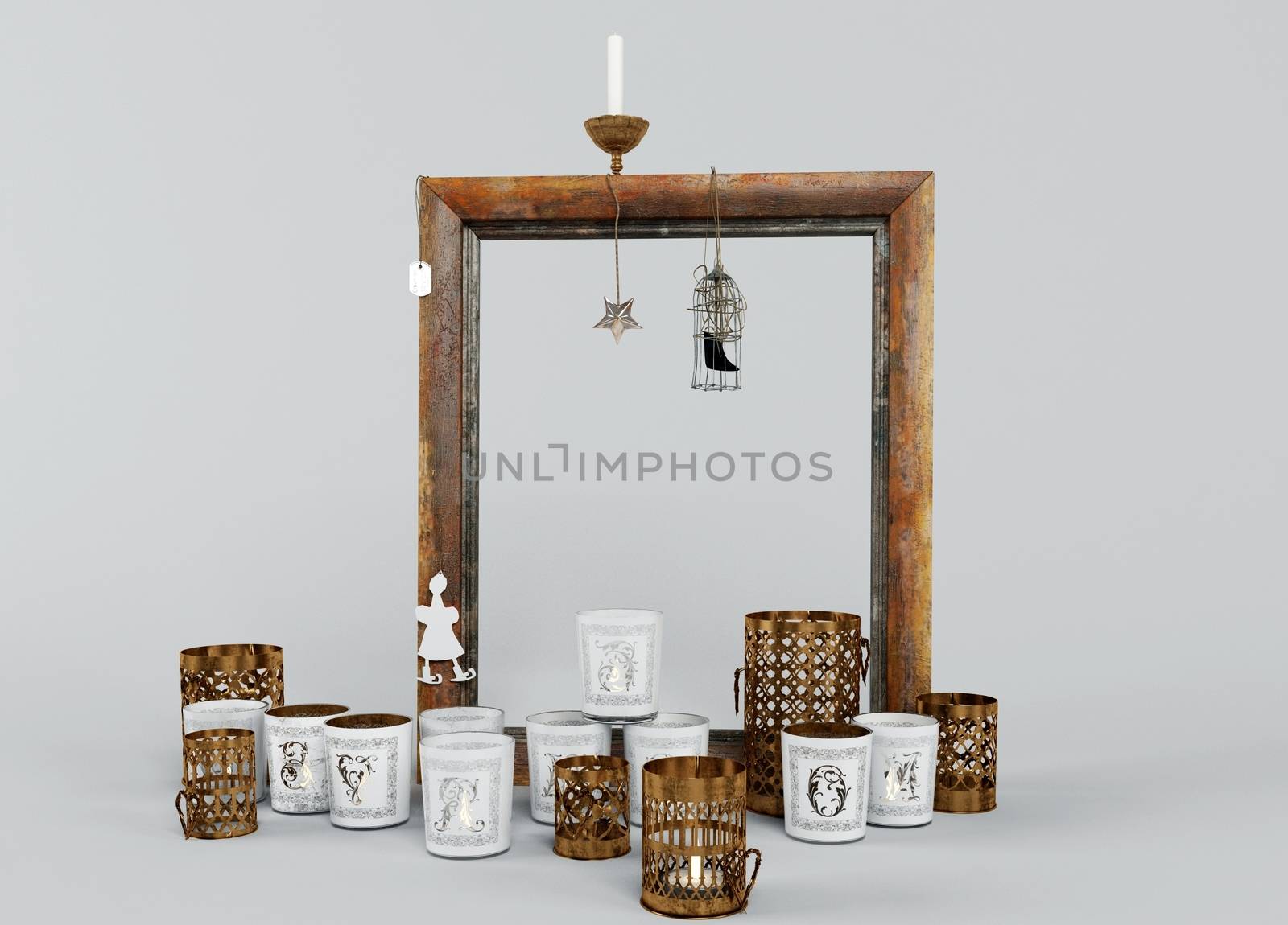 many types of 3d candle holders with wooden frame and a cage.