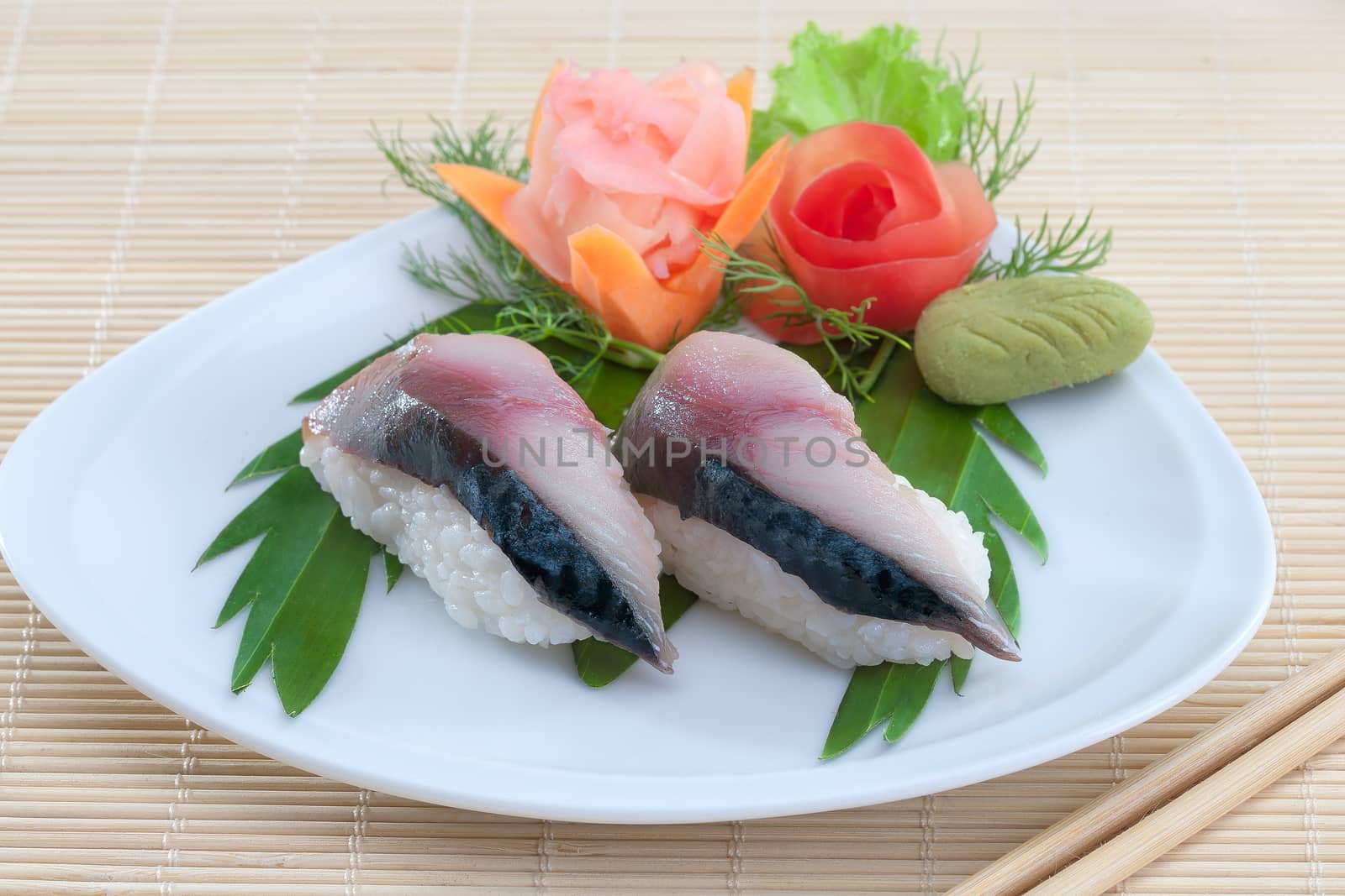 close up view  of nice fresh sushi  on color back