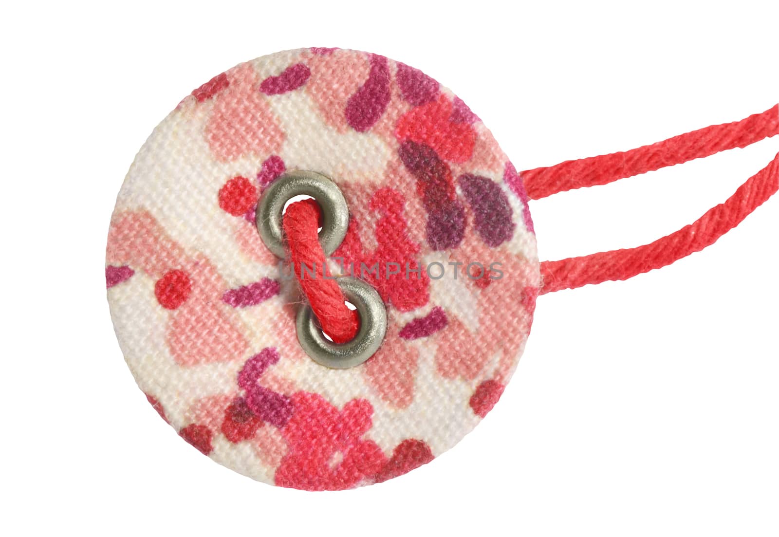 Soft old style button covered with textile. Isolated with path on white.