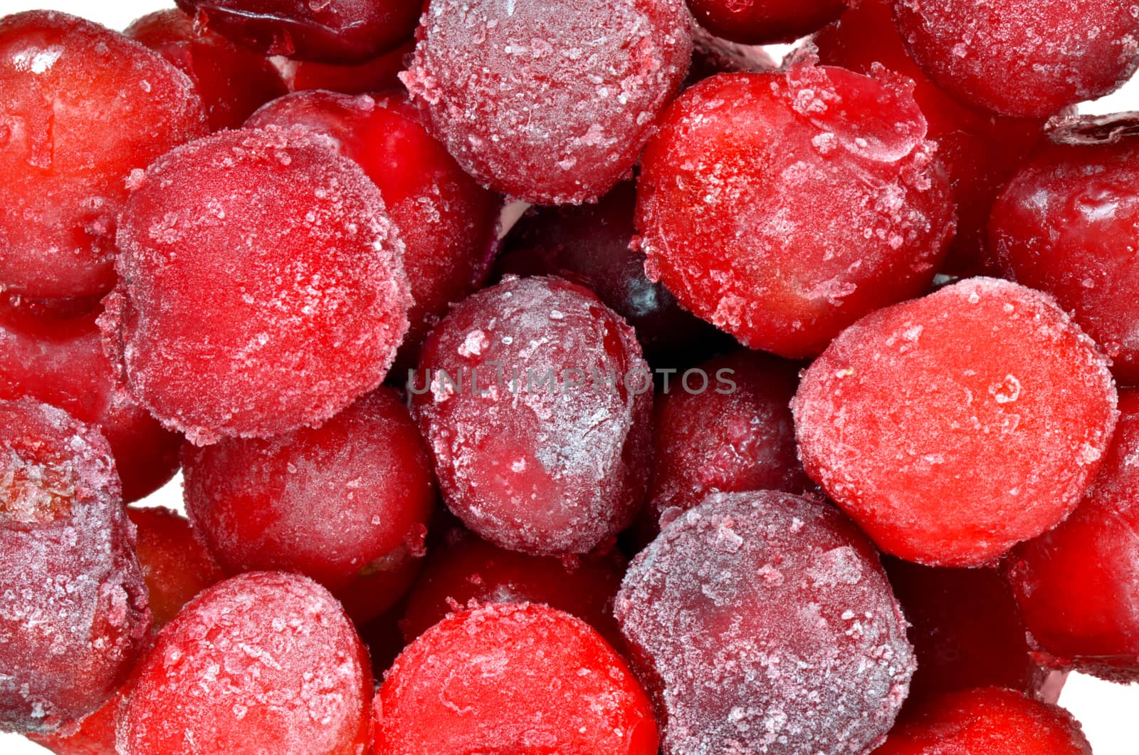 Frozen group of cherry fruits. Macro image.