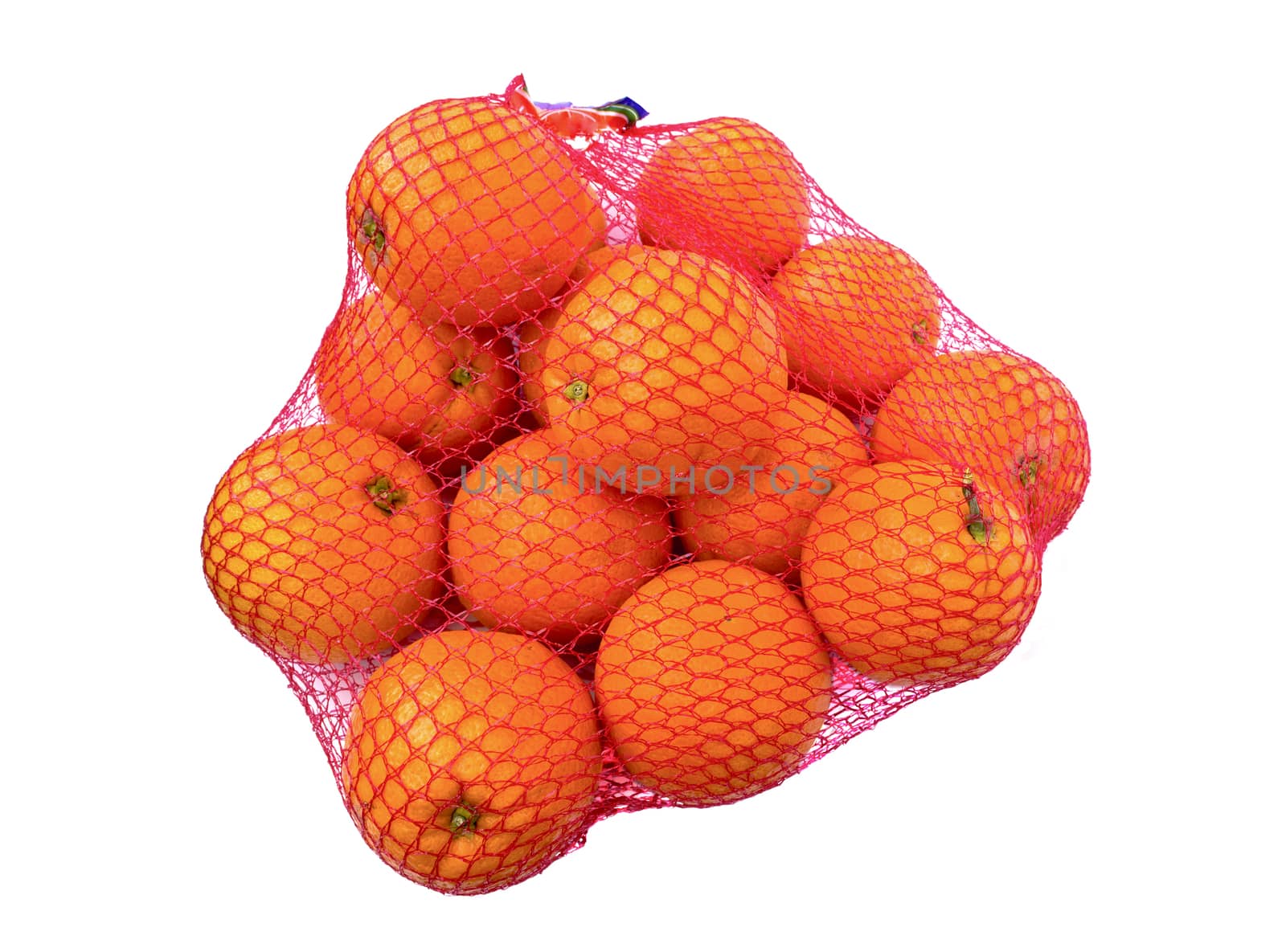Mesh oranges from the supermarket. Isolated on white background