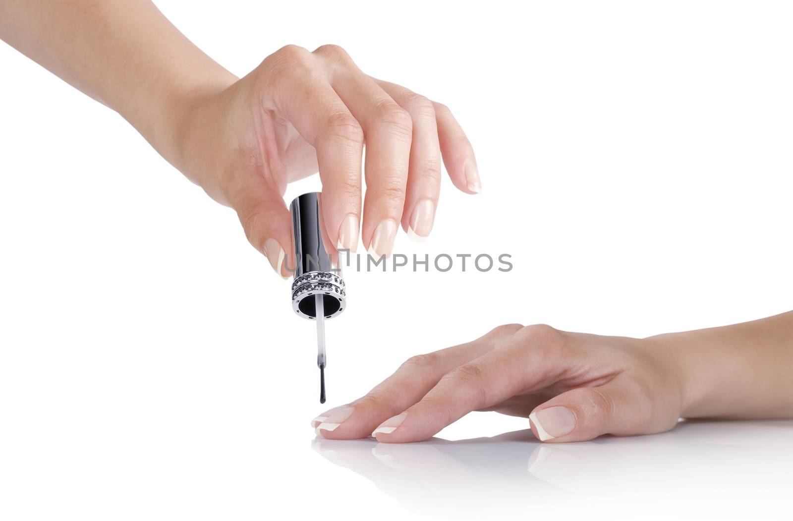 Close up view of nail polishing on white back