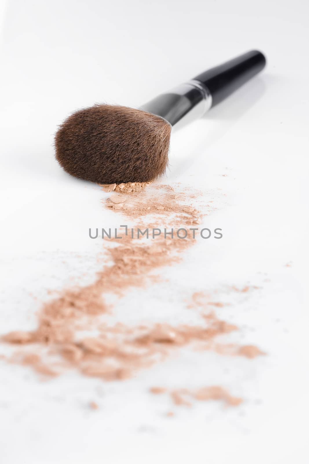Close up view of face powder and brush on white back