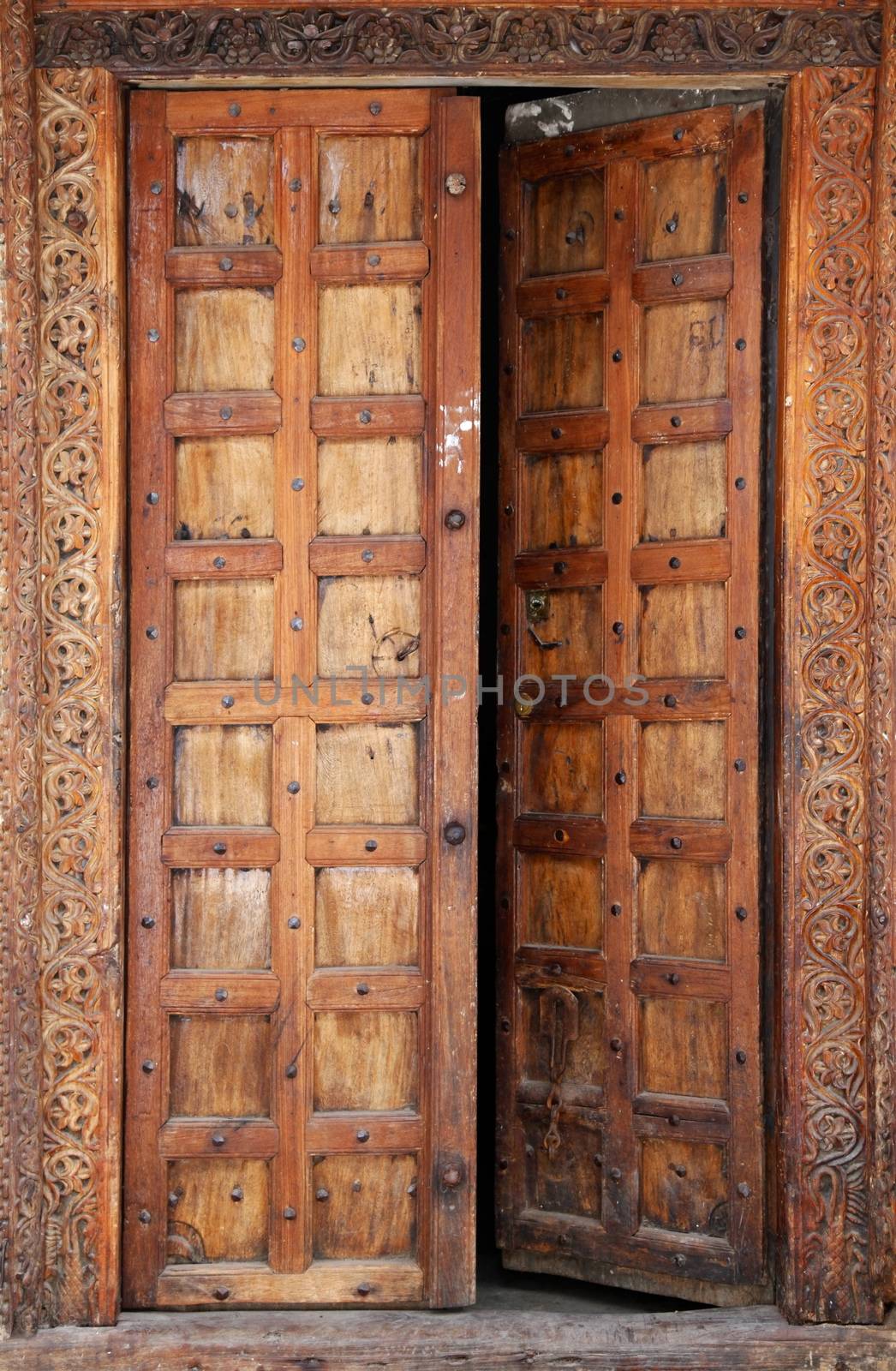 Old wooden door at Stone Town the capital of Zanzibar island East Africa. Zanzibar