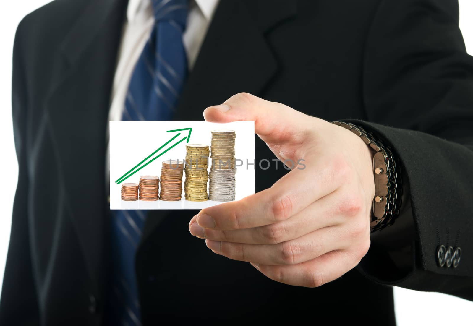 Businessman showing card with growing sawings