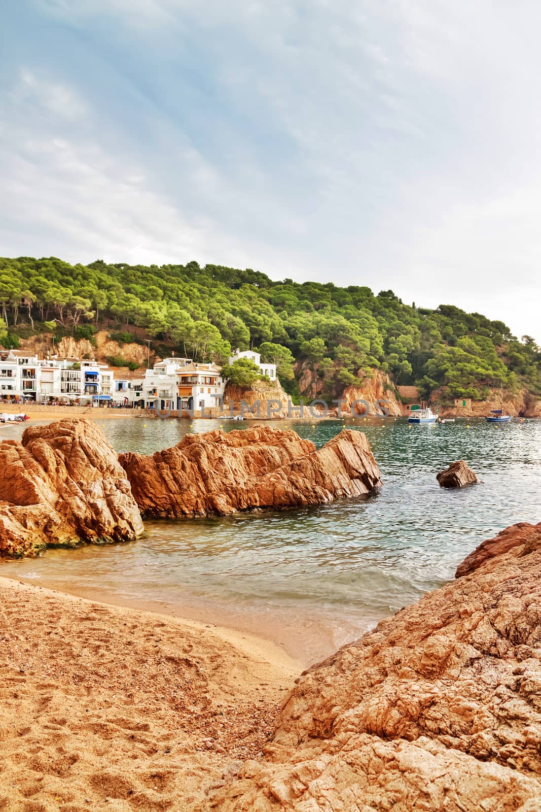 Resort in the bay of Tamariu in Catalonia, Spain. Rocky beach of Costa Brava.