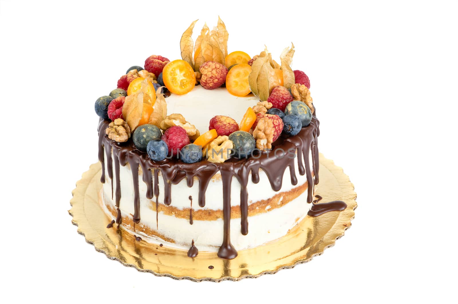 Naked cake with fruits isolated on white