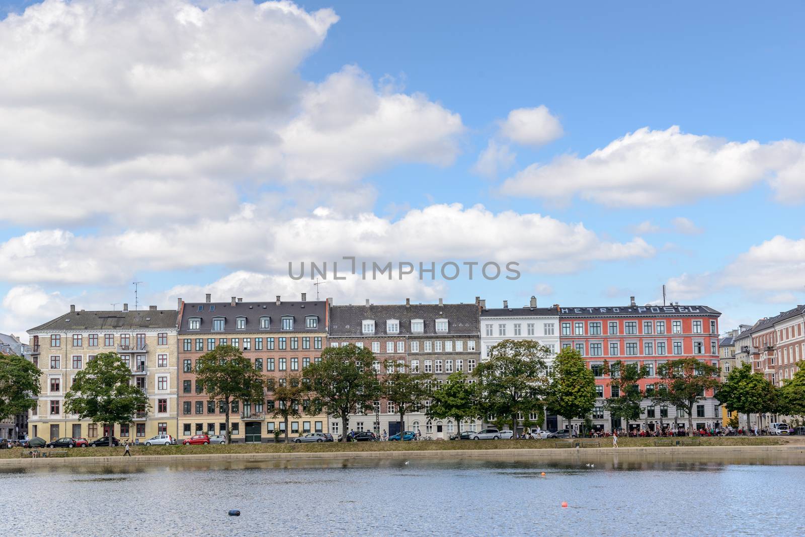 Copenhagen, Denmark - August 05, 2015 : the lakes in Copenhagen, Denmark is a row of 3 rectangular lakes curving around the western margin of the City centre, forming one the oldest and most distinctive features of the city's topography. The paths around them are popular with strollers and runners. Copenhagen, Denmark.