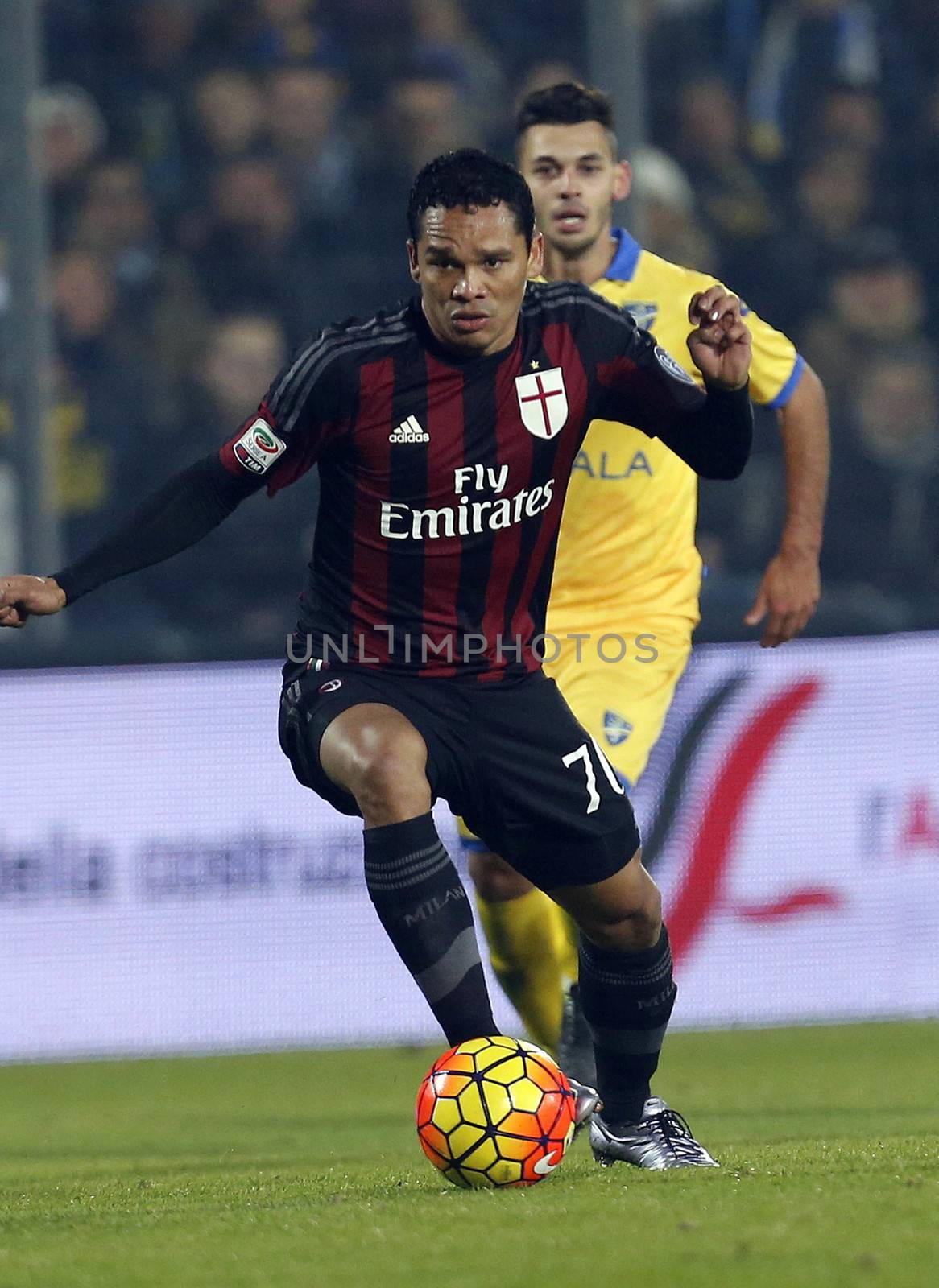 ITALY, Frosinone: Milan's Carlos Bacca controls the ball during the Italian Serie A match in which AC Milan would defeat Frosinone by a score of 4-2 at Matusa Stadium in Frosinone, Italy on December 20, 2015.