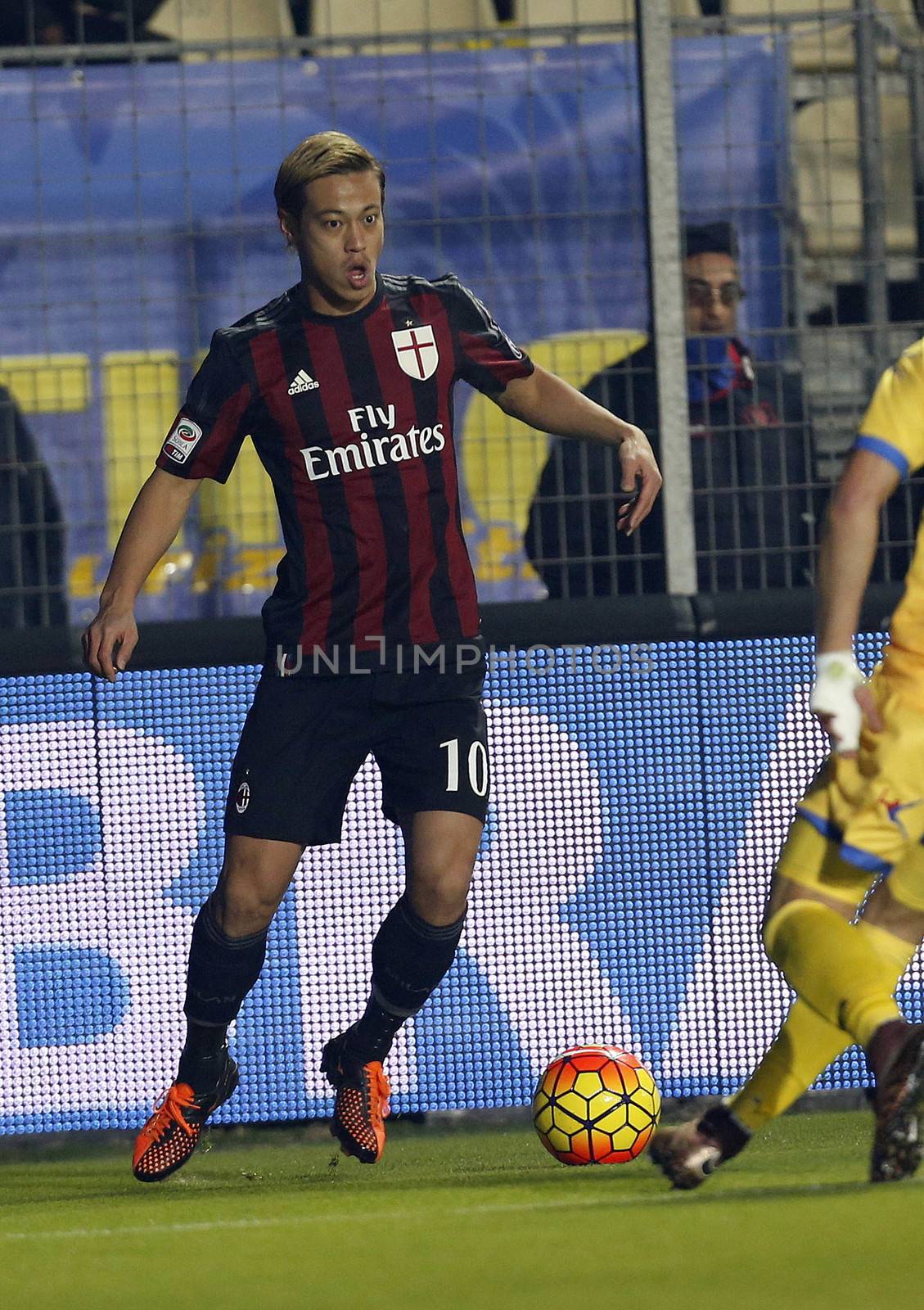 ITALY, Frosinone: Milan's Keisuke Honda controls the ball during the Italian Serie A match in which AC Milan would defeat Frosinone by a score of 4-2 at Matusa Stadium in Frosinone, Italy on December 20, 2015.