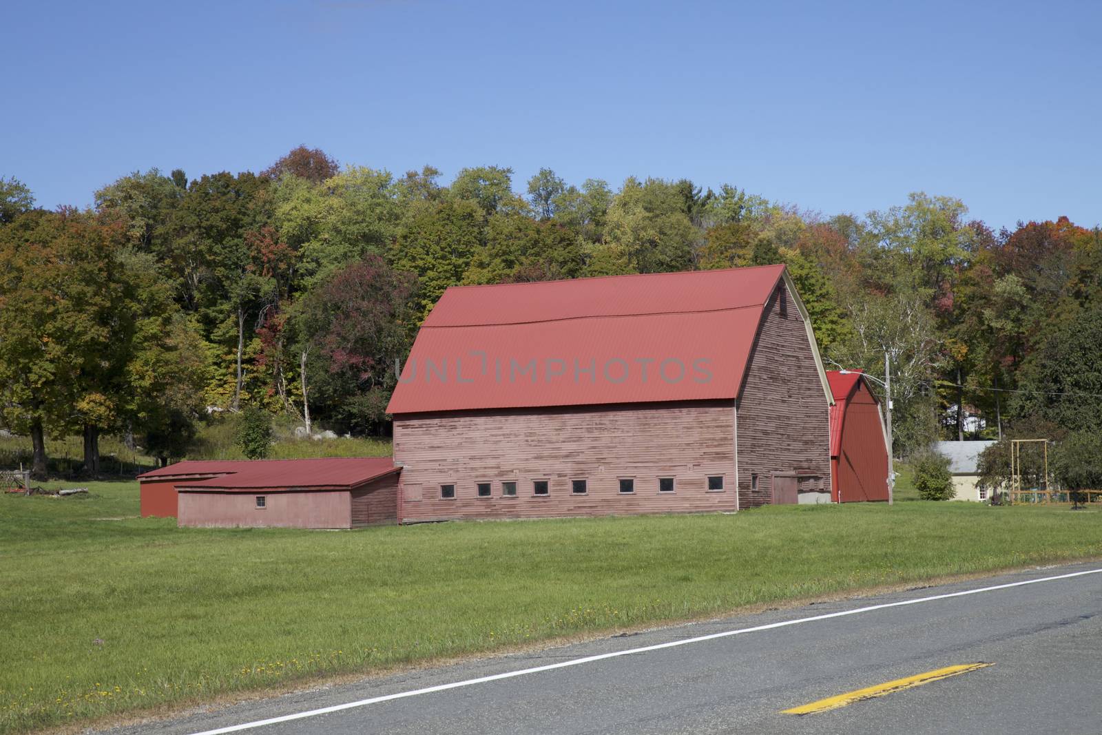 Red Wooden Farm and Autumn Season in Vermont, USA