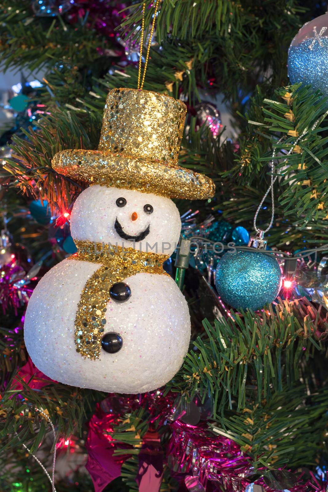 snowman and Christmas Balls on Christmas Tree by FrameAngel