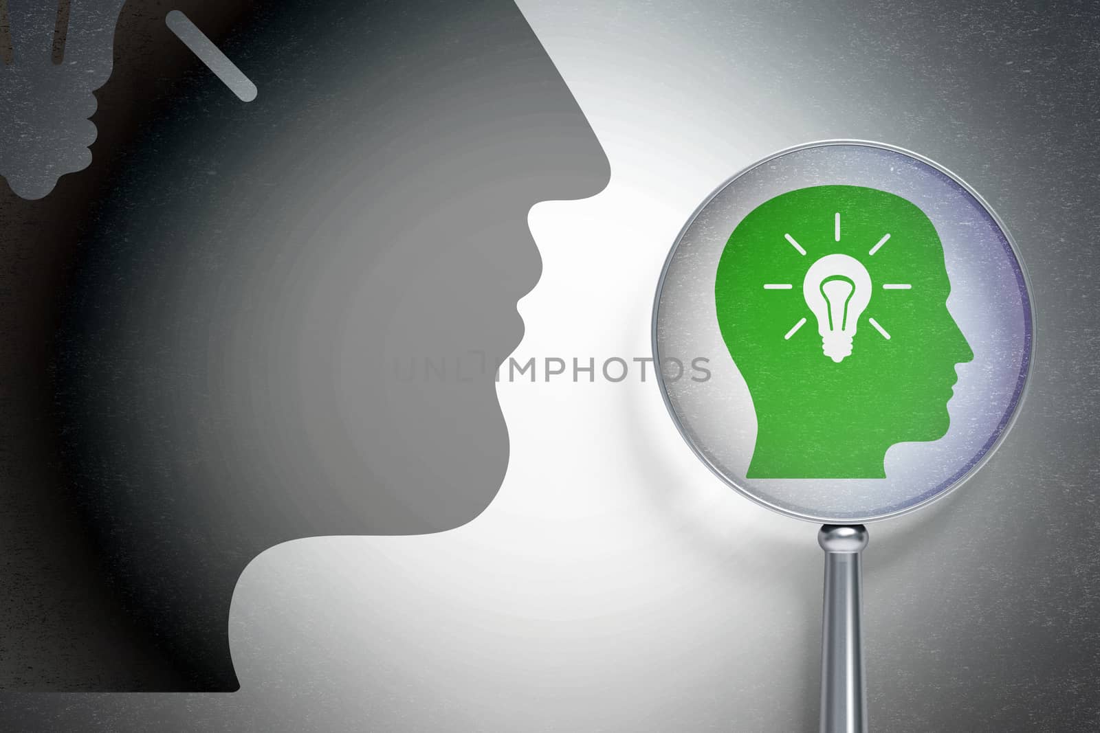 Information concept: magnifying optical glass with Head With Light Bulb icon on digital background, empty copyspace for card, text, advertising