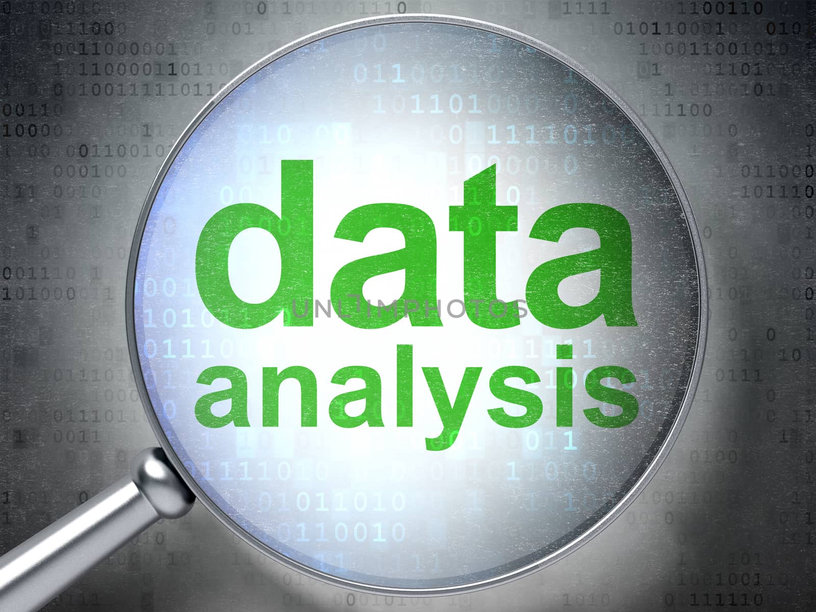 Information concept: magnifying optical glass with words Data Analysis on digital background