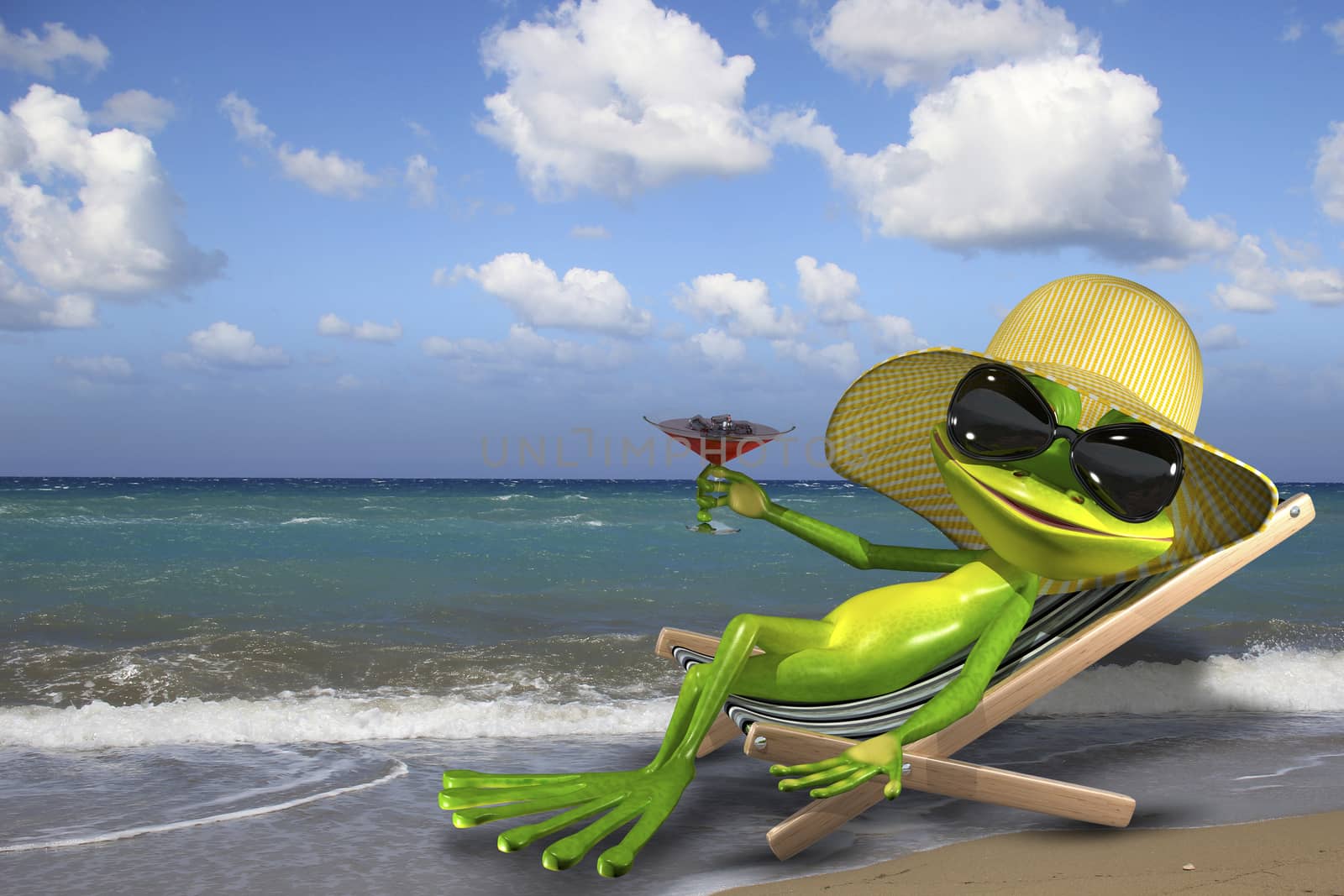 Illustration of a green frog in a deckchair on the beach