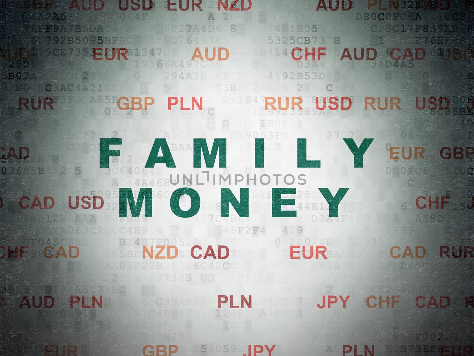 Currency concept: Painted green text Family Money on Digital Paper background with Currency
