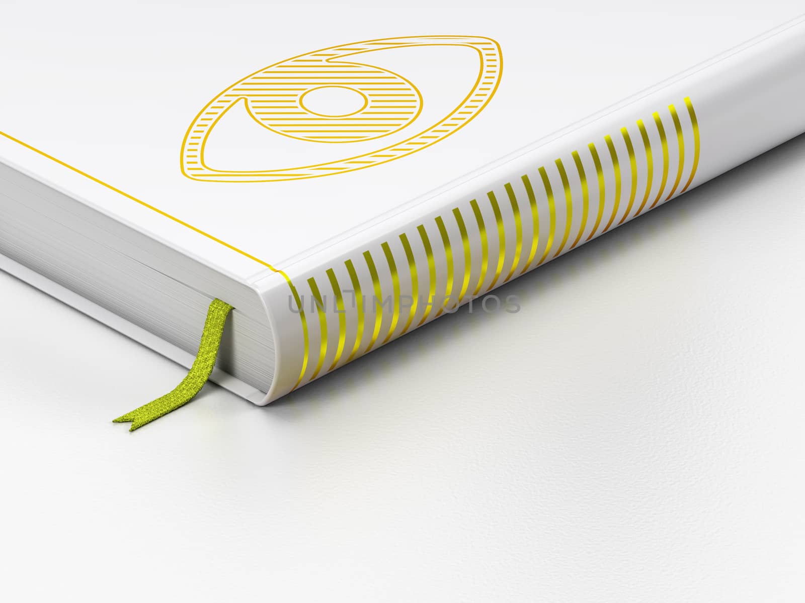 Safety concept: closed book with Gold Eye icon on floor, white background, 3d render
