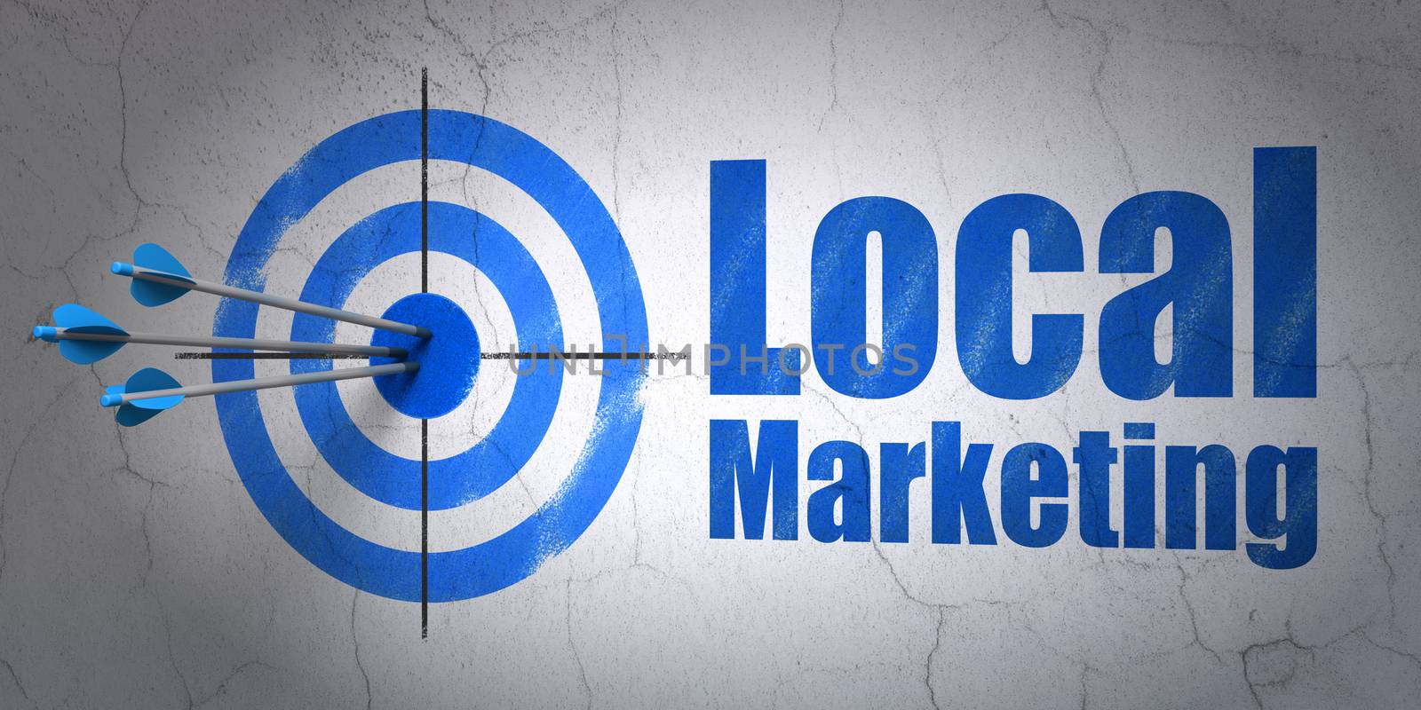 Success advertising concept: arrows hitting the center of target, Blue Local Marketing on wall background