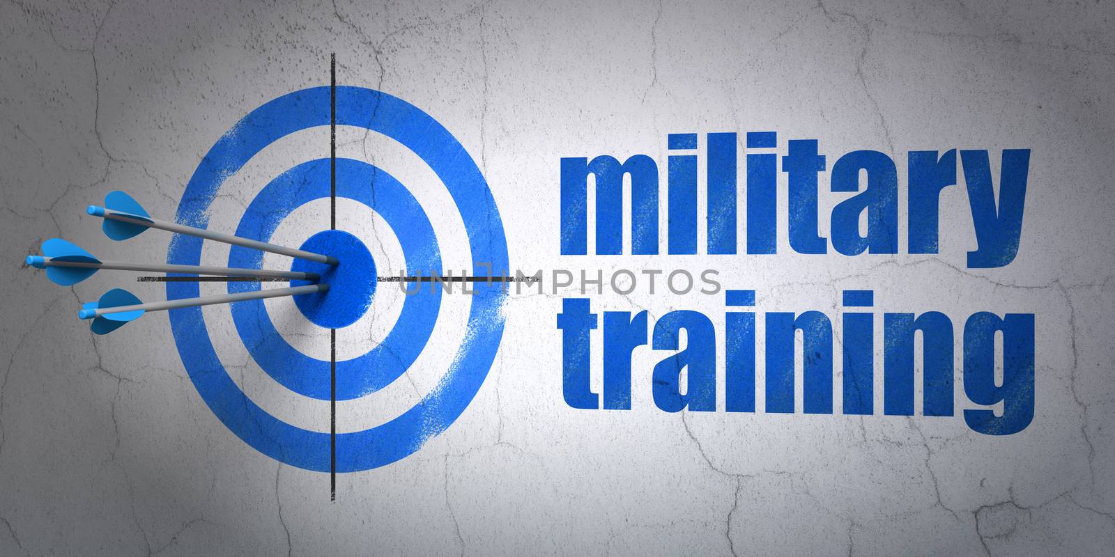 Success Studying concept: arrows hitting the center of target, Blue Military Training on wall background