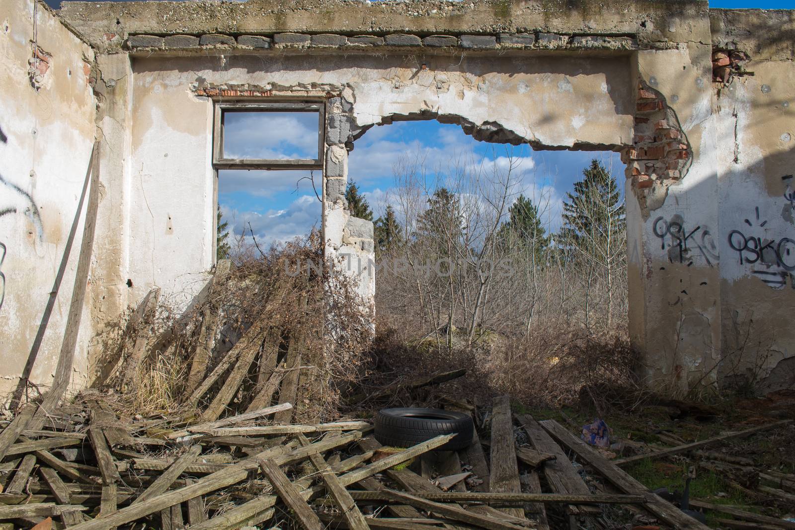 View from the room of an abandoned house, with a broken wall, showing the trees and cloudy sky outside.