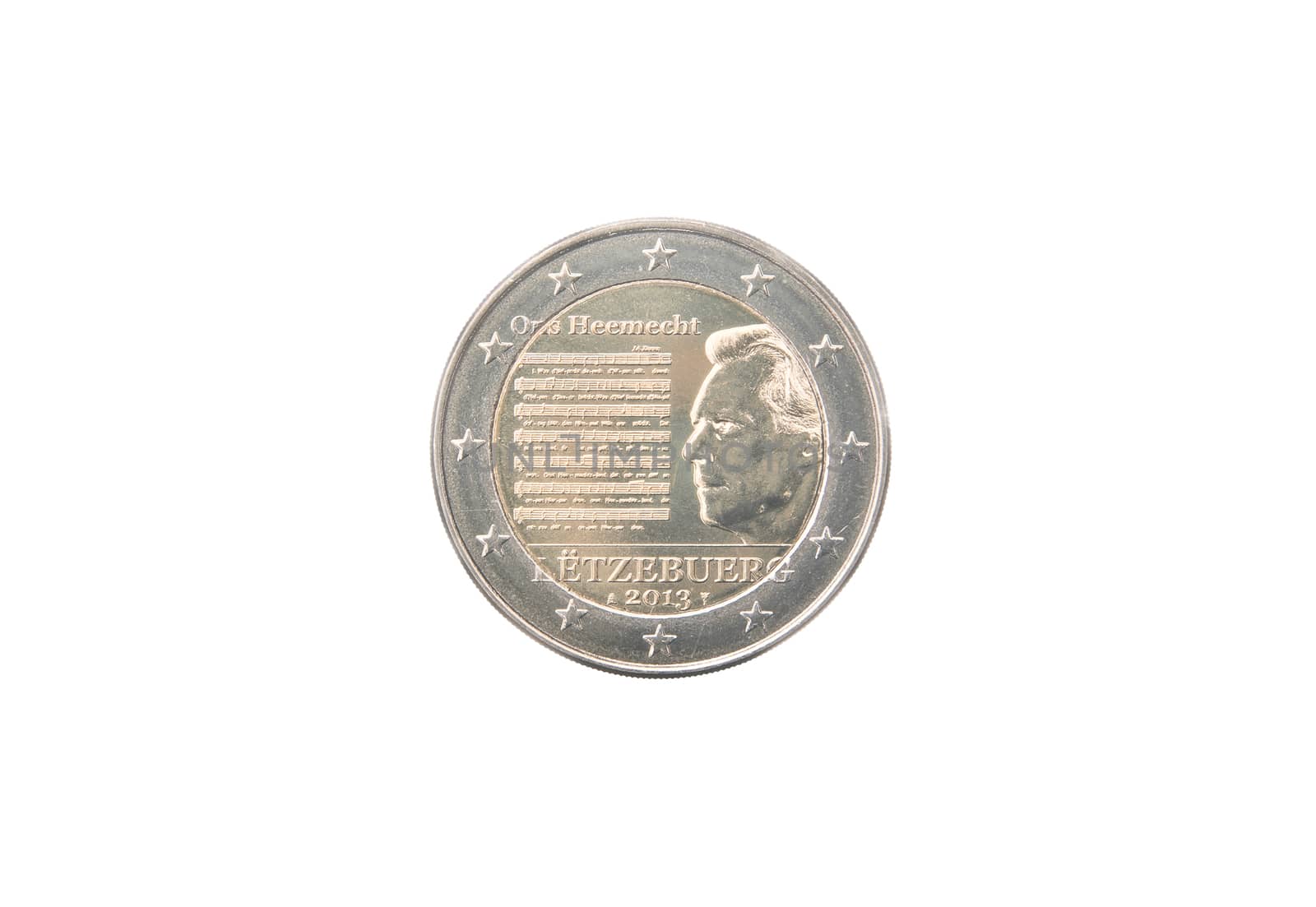 Commemorative 2 euro coin of Luxembourg minted in 2013 isolated on white